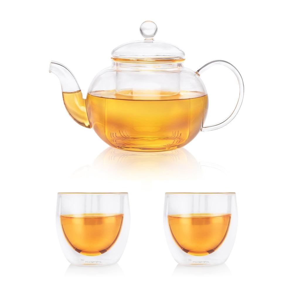 Clasico Teapot (300ml) + 2 Fino Double Walled Cups (80ml) (Combo Pack)-Dancing Leaf